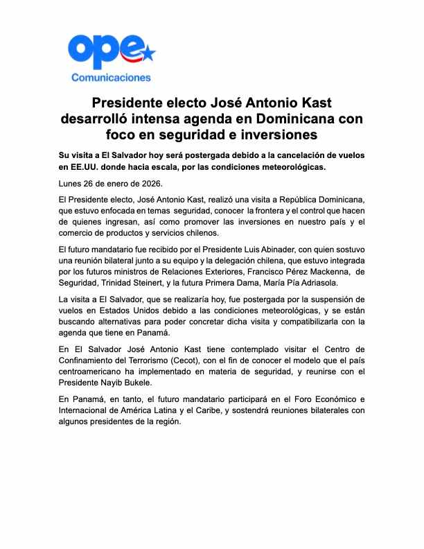 José Antonio Kast pospone visita a El Salvador por clima en EE.UU. Analizará modelo de seguridad con Bukele en nueva fecha. Detalles aquí.