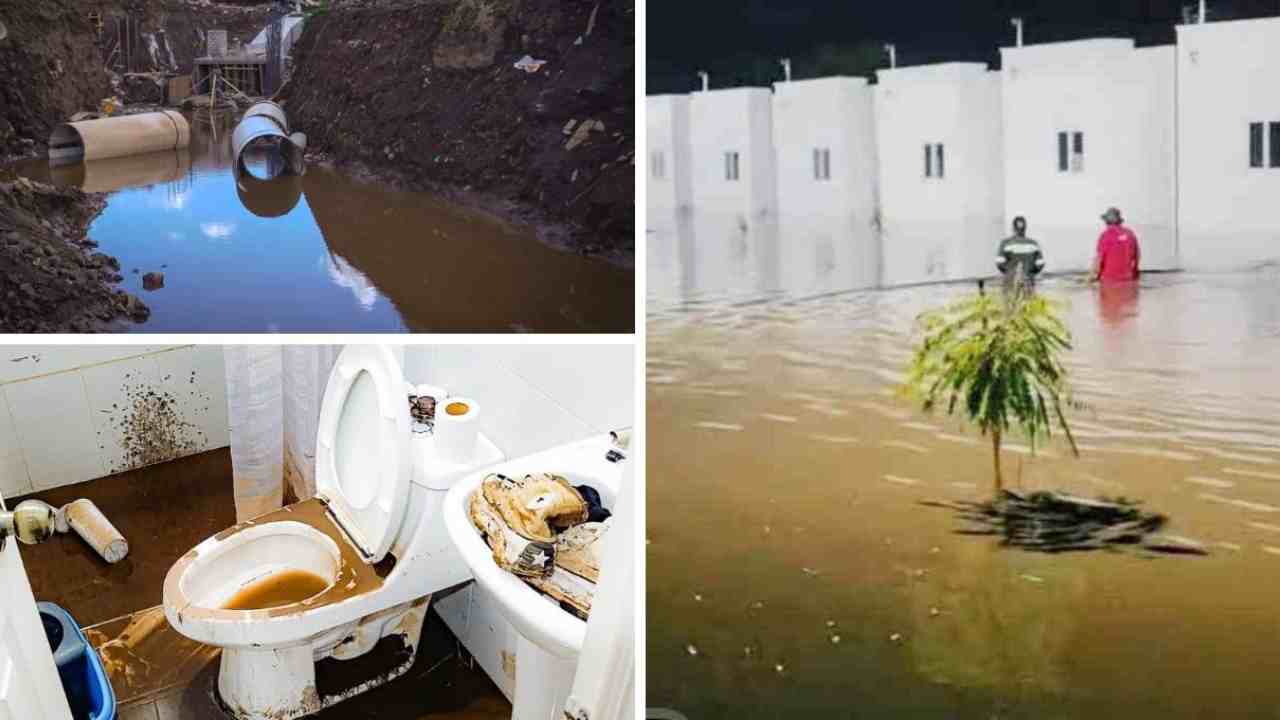 Calles y viviendas de Ciudad Marsella II anegadas tras lluvia moderada, evidencia de drenajes obstruidos y obras inconclusas | Foto: La Diáspora 503.