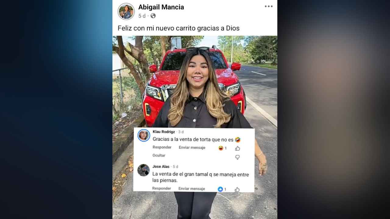 "Abigail Mancia, 'La Tamalera', celebra su nuevo carro con un mensaje de fe, pero los haters no perdonan. 'Gracias a Dios y a mi trabajo', responde a quienes intentan opacar su éxito con comentarios vulgares. Crédito: Facebook Abigail Mancia / CHISMES LD503."