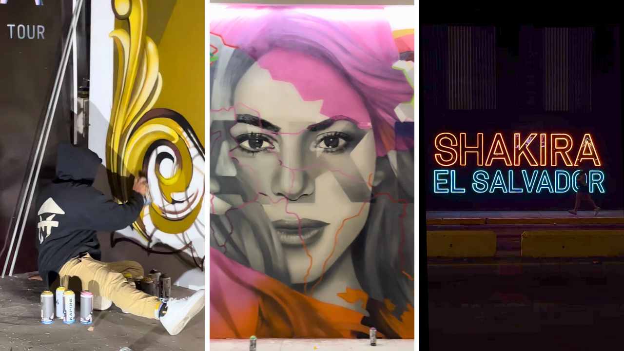 El mural de Shakira en el Mágico González: 8 metros de arte que celebran la unión entre Colombia y El Salvador. Cada detalle, desde la kataleya hasta las araucarias, cuenta una historia de amor por la cultura. Crédito: Colectivo artístico local.