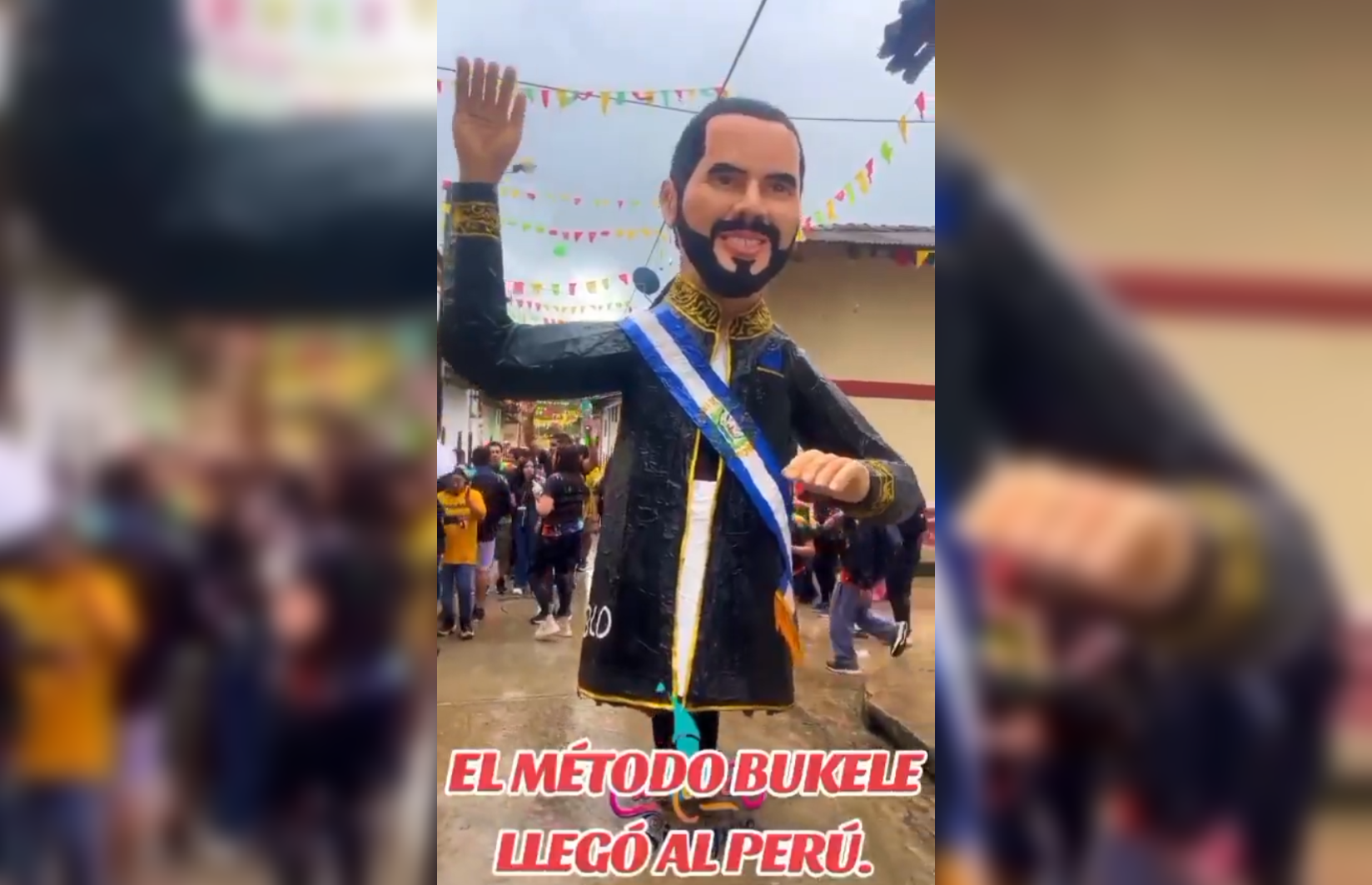 Durante los carnavales de Cajamarca, pobladores de Celendín, Perú, mostraron apoyo al #ModeloBukele, pidiendo replicar en su país las políticas de seguridad que transformaron El Salvador. Foto: Cortesía.