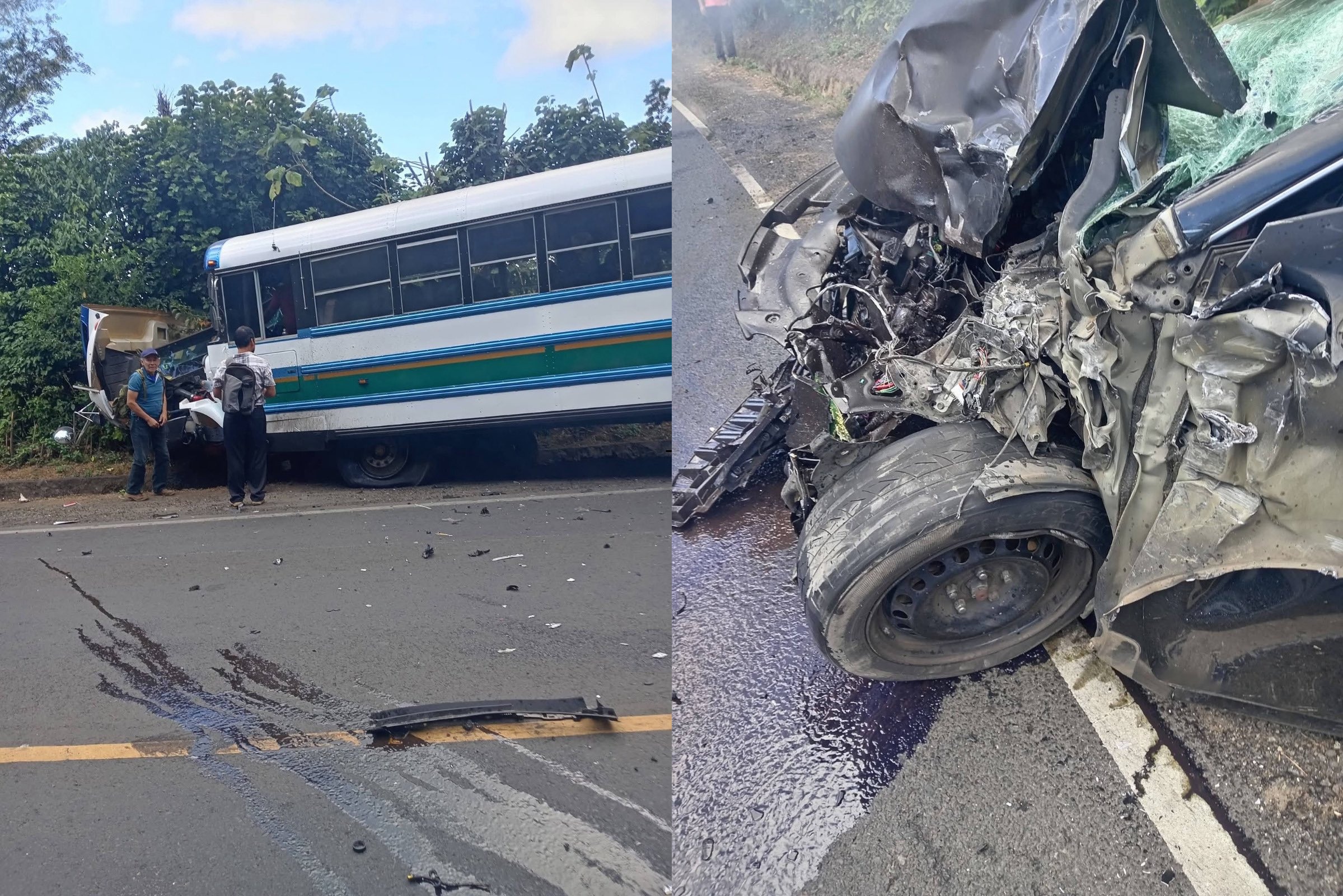 Un autobús de la ruta 249 chocó contra un vehículo en la finca Sisiniapa, dejando la carretera hacia Ataco bloqueada y tráfico colapsado. Equipos de rescate trabajan en el lugar. Foto: Cortesía.