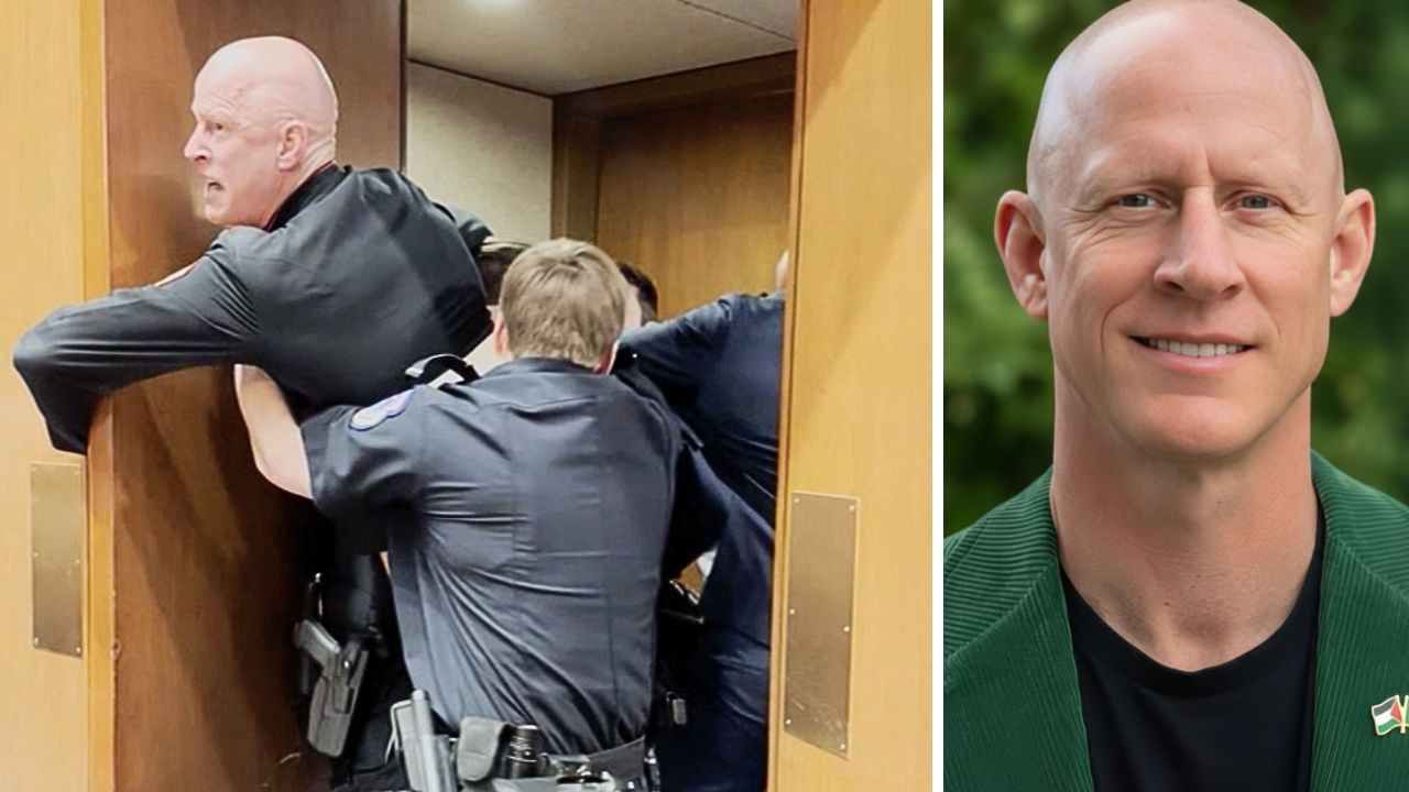 El marine antiguerra Israel Brian McGinnis fue retirado por la fuerza de una audiencia en el Senado de EE.UU., incidente en el que terminó con el brazo fracturado durante el forcejeo. Foto: Cortesía