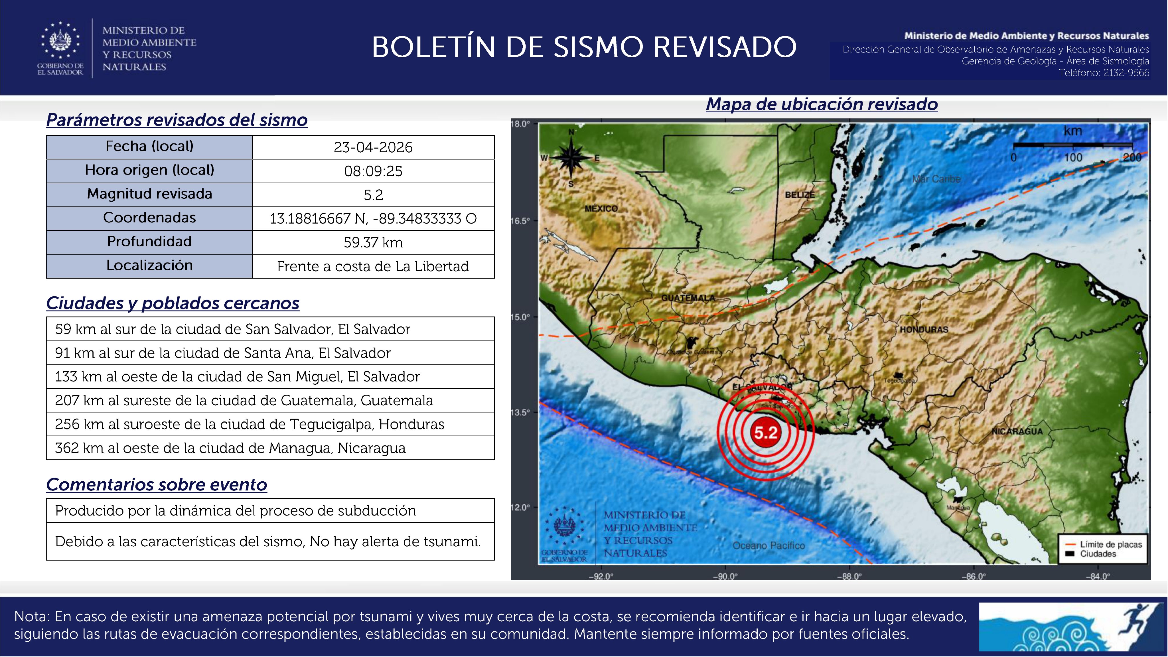 Un temblor de magnitud 5.2 sacudió El Salvador esta mañana, con epicentro en La Libertad. Autoridades descartan daños graves, pero piden precaución por posibles réplicas. Foto: MARN.
