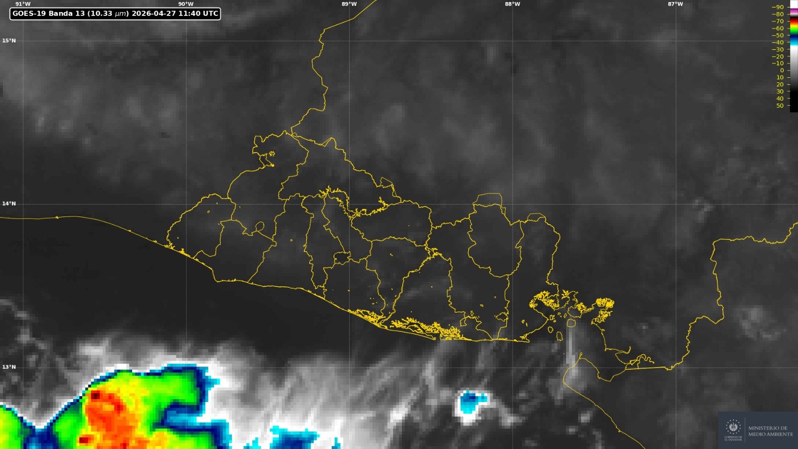 El MARN informa que El Salvador alcanzará 39°C en zonas orientales este lunes. Se espera ambiente seco, brumoso y sin probabilidad de lluvias en todo el territorio. Foto: MARN.
