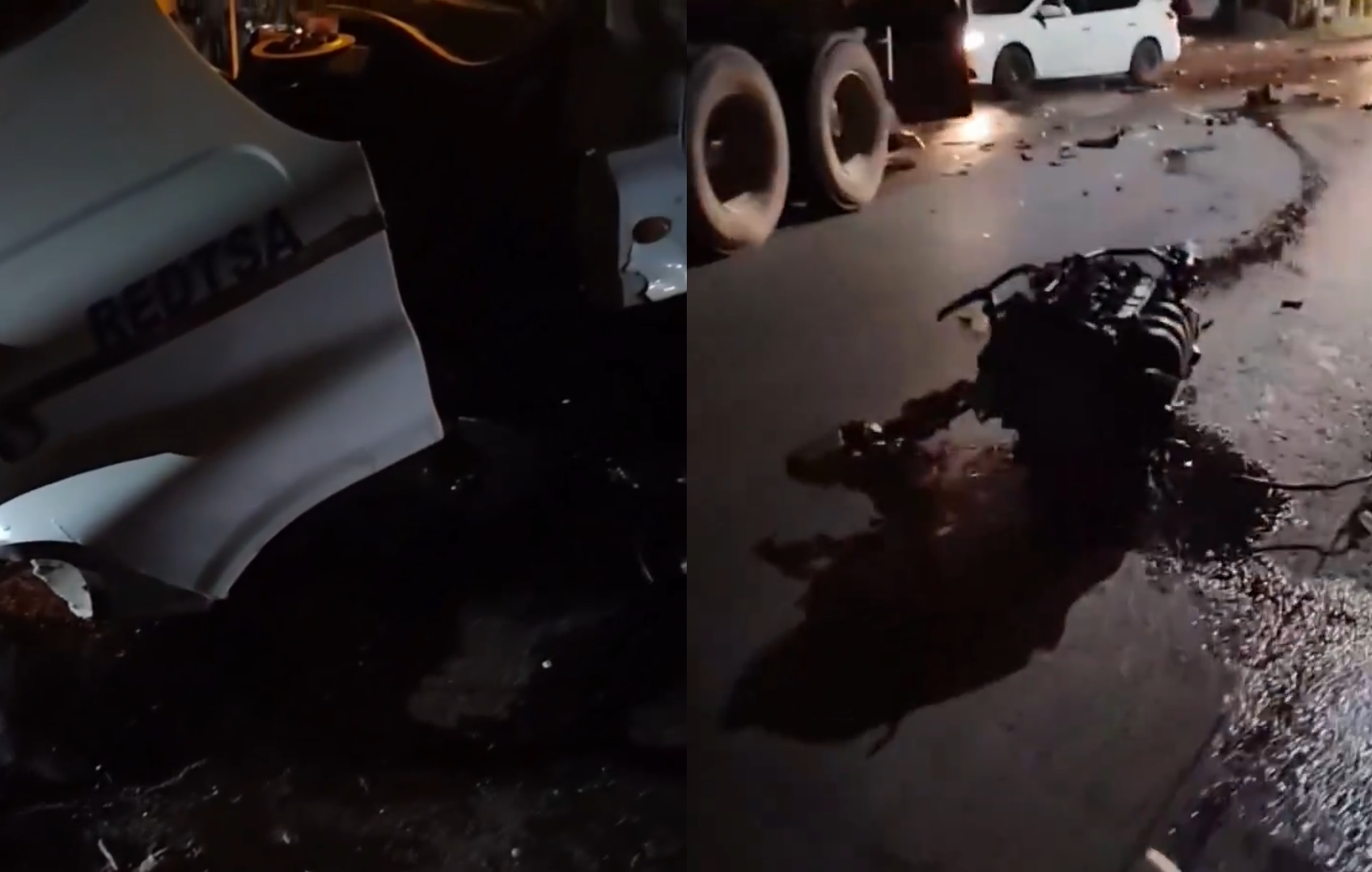 Una rastra descontrolada chocó contra dos autos en el puente Luis de Moscoso, San Miguel, lanzando el motor de uno de los vehículos al pavimento. El caos vial persistió por horas. Foto: Cortesía.