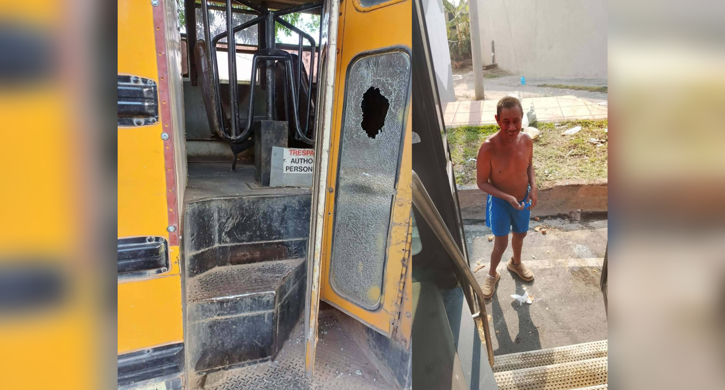 Un hombre con problemas mentales denuncia la comunidad de la colonia 5 de Marzo en Santa Ana por lanzar piedras a buses de la ruta 10 si no recibe dinero. Vidrios rotos y miedo entre los usuarios. Foto: Cortesía.