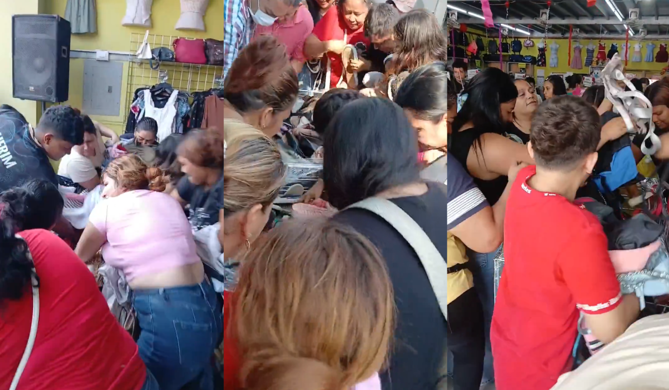 El comercio de ropa de segunda mano en San Miguel vivió una jornada de locura frenética por las pacas de la USA. Decenas de personas compitieron por las mejores ofertas, generando un caos viral. Foto: Cortesía.