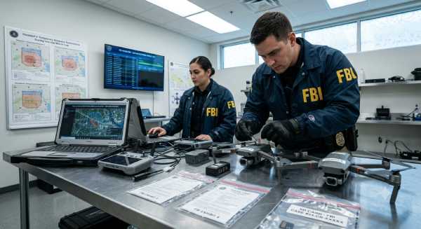 Investigadores del FBI examinan los sistemas de geolocalización de los drones incautados en las inmediaciones del festival de aficionados. Ilustración IA.