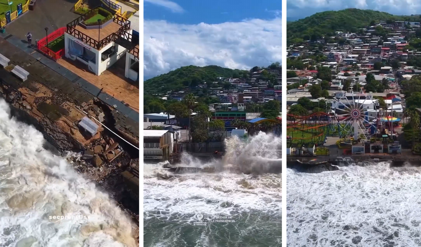 Las marejadas asociadas a la tormenta Cristina destruyeron parte del malecón de Surf City en La Libertad, obligando a mantener restricciones en el litoral. Las lluvias agravaron el daño. Foto: SecPrensaSV.