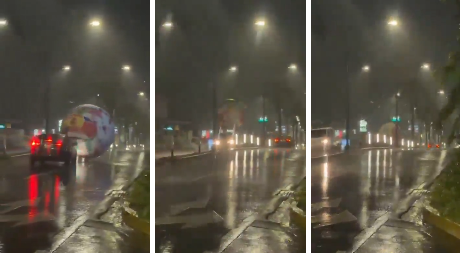 Un balón inflable del Mundial se desprendió por los vientos de una tormenta y rodó sin control por la Zona Rosa, generando caos y alarma entre peatones y conductores. Foto: Cortesía / @lealyosoy.