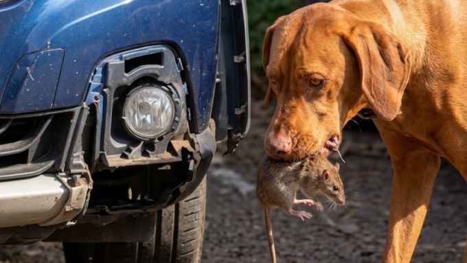El parachoques delantero de un vehículo azul resultó destruido por la acción de un perro que buscaba una rata en la carrocería. IA