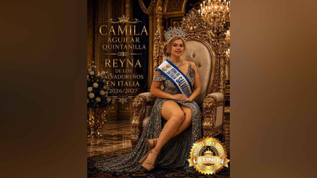 Camila Aguilar Quintanilla, la nueva Reina de los Salvadoreños en Italia 2026-2027, brilla con la corona y el cariño de su comunidad.