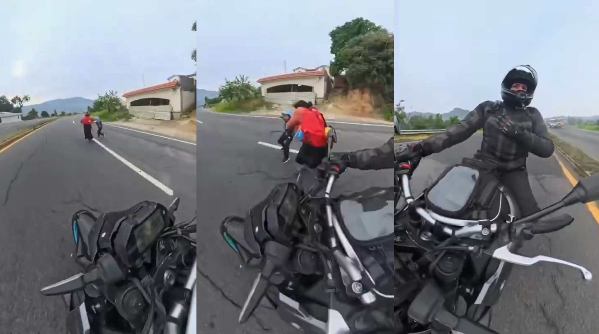 Un motociclista en Guatemala logró evitar atropellar a una madre y su hijo que cruzaron de forma imprudente una carretera. El video se hizo viral y generó debate sobre la seguridad vial. Foto: Cortesía.