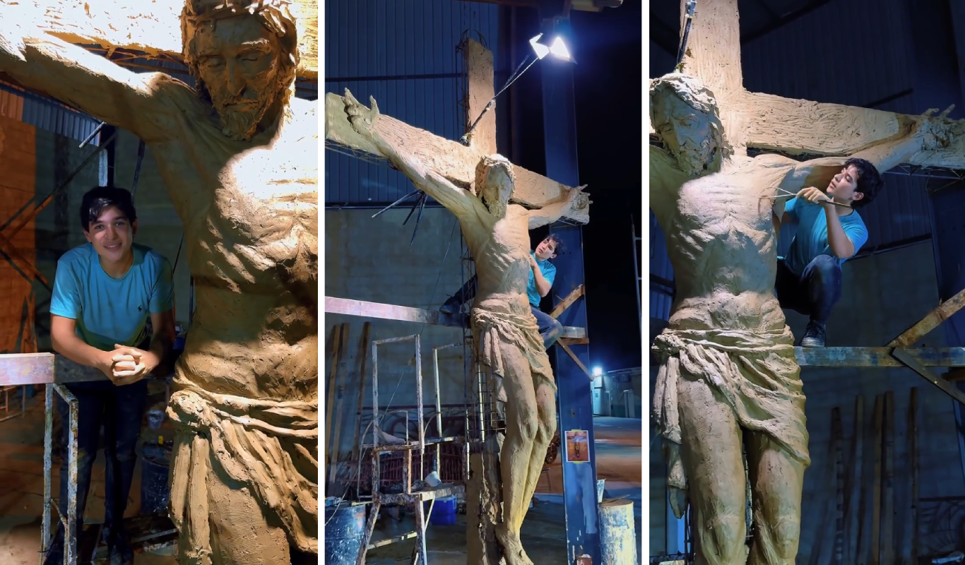 El artista venezolano Josué Benjamín Figueroa finaliza una imponente escultura de Jesús de 5 metros, que será enviada a una catedral en EE. UU. Su obra conmueve por su detalle y espiritualidad. Foto: Instagram - @mundodeplastilinadejosue