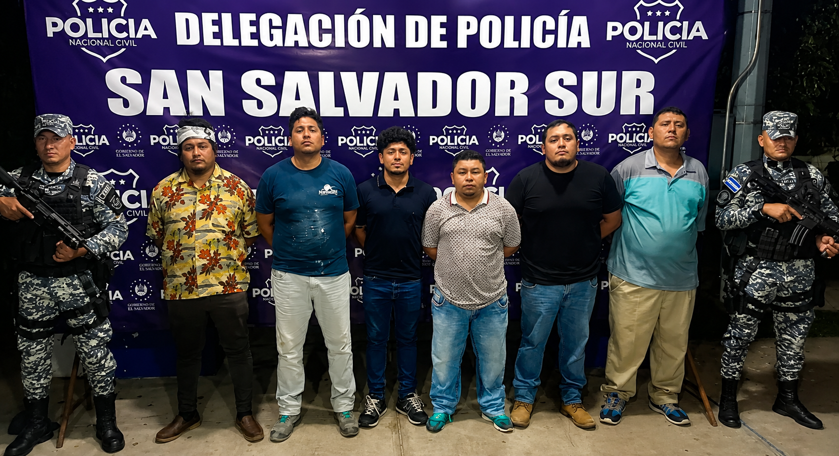 Sumario (200 caracteres): La PNC arrestó a seis hombres en San Marcos tras una riña en un restaurante, originada por una discusión sobre un partido de fútbol. Los implicados enfrentan cargos por desórdenes públicos. Foto: @PNC_SV.