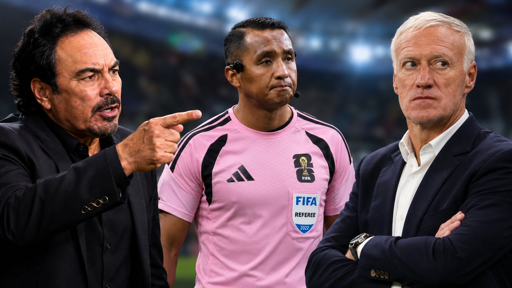 El exfutbolista Hugo Sánchez criticó duramente a Didier Deschamps por sus declaraciones contra el árbitro salvadoreño Iván Barton en el Mundial 2026. Una defensa contundente en vivo. Foto: Ilustración