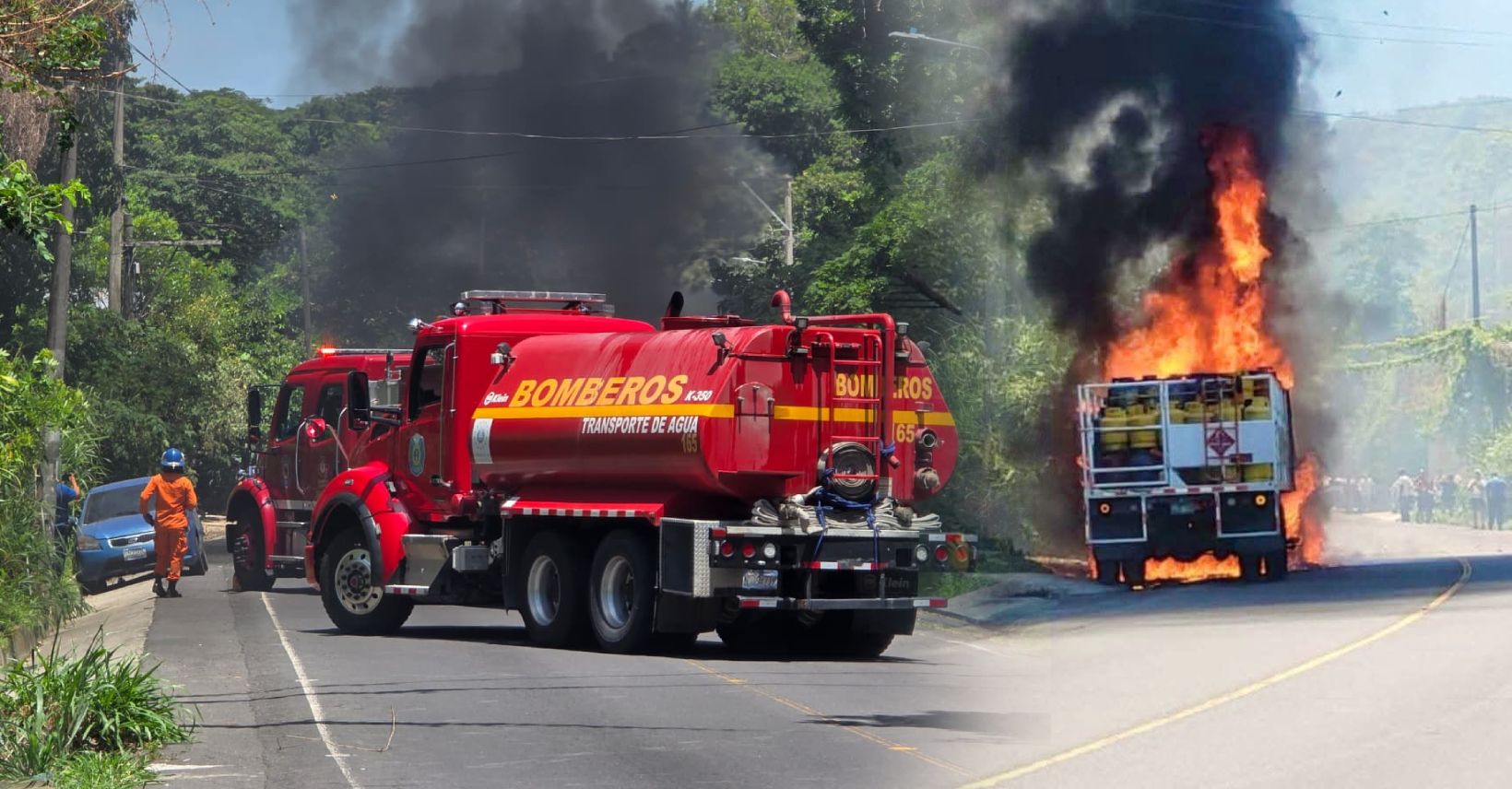Un camión cargado con cilindros de gas propano se incendió en la carretera antigua a Zacatecoluca, en Santo Tomás. Bomberos actuaron rápido para evitar una catástrofe mayor. Foto: Bomberos