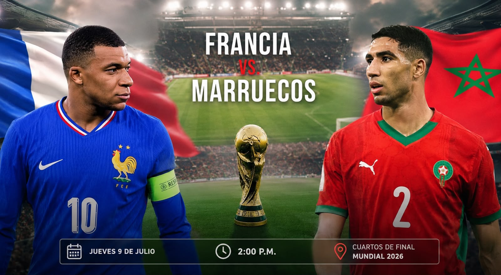 El Mundial 2026 sigue emocionando con el duelo Francia vs. Marruecos. En El Salvador, cinco lugares transmitirán el partido en vivo y gratis. Foto: Ministerio de Obras Públicas. Foto: Ilustración