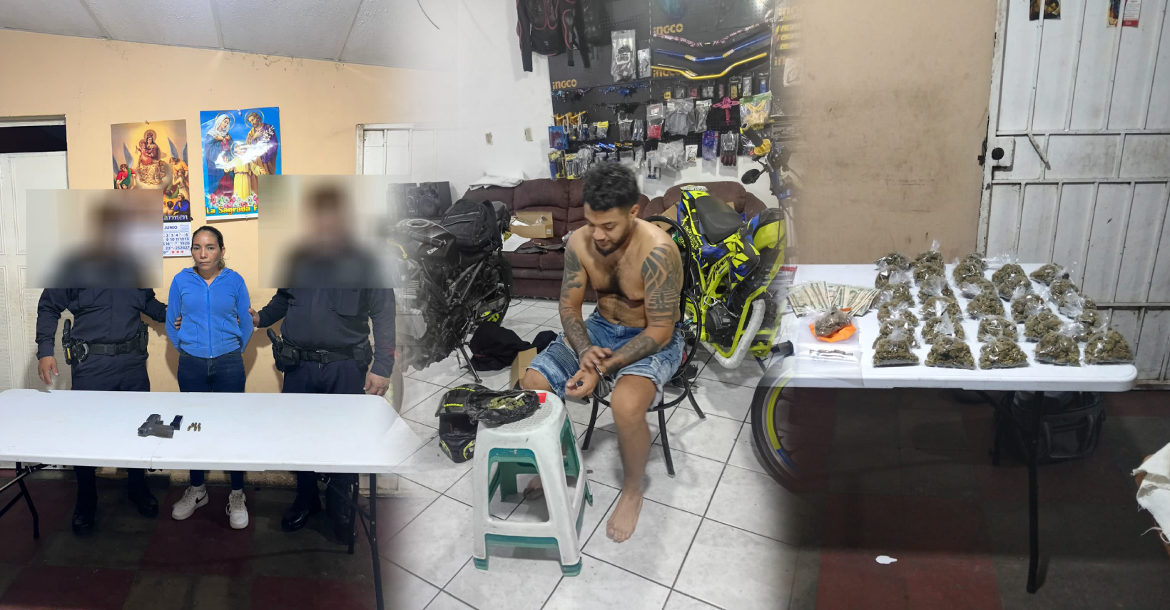 La Fiscalía General de la República (FGR) desarticuló una red de distribución de droga en el Barrio San Jacinto. Tres personas fueron detenidas y se incautó marihuana, armas y dinero. Foto: FGR